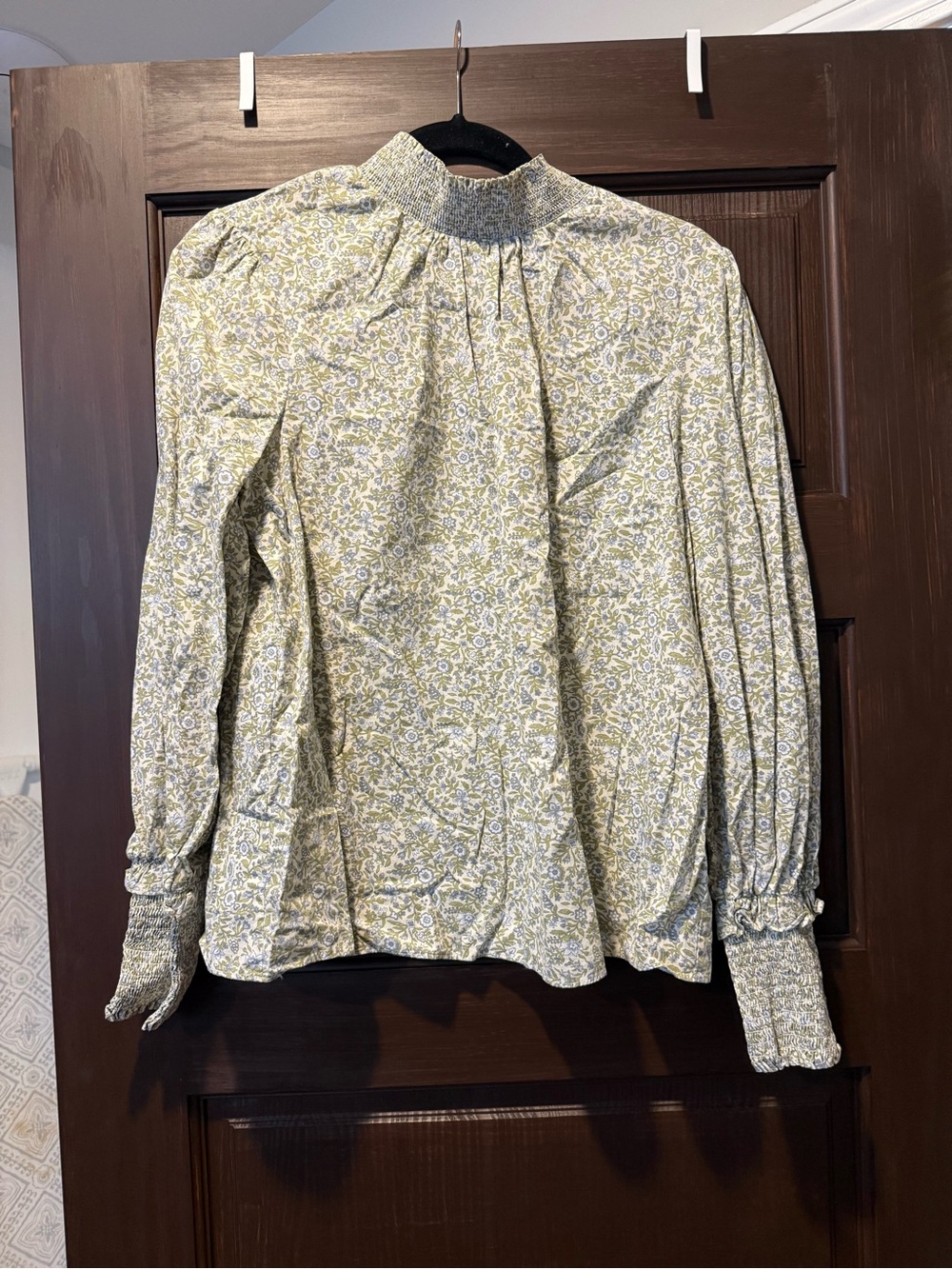Smocked High-Neck Floral Blouse in Sage Green